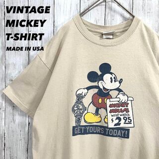 ディズニー(Disney)のUSA製ヴィンテージ古着　ディズニー　ミッキーマウスプリント　ベージュ　L 春夏(Tシャツ/カットソー(半袖/袖なし))