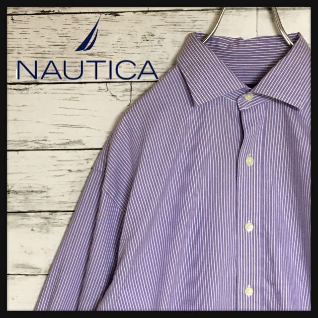 NAUTICA(ノーティカ)の【美品】ノーティカ☆長袖ストライプシャツ　白紫色　人気サイズL E123 メンズのトップス(シャツ)の商品写真