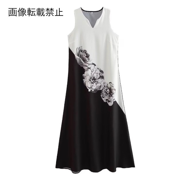💚5月新作🦄11296◇モノトーン フラワー 花柄 ノースリーブ