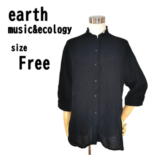 【F】earth music&ecology トップス ブラック 若干透け感あり(シャツ/ブラウス(半袖/袖なし))