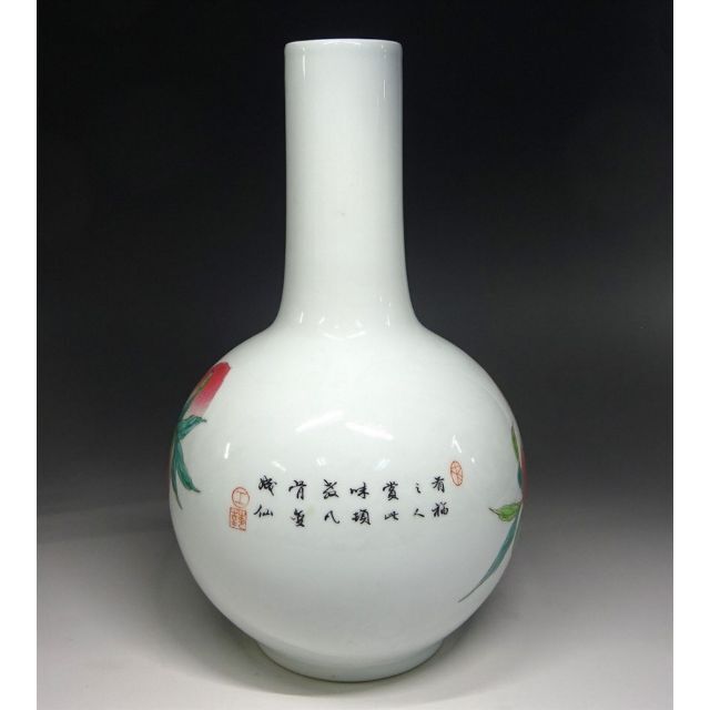 中国古玩 粉彩 桃漢詩文 景徳鎮製 花瓶 高約28.5cm f031107-