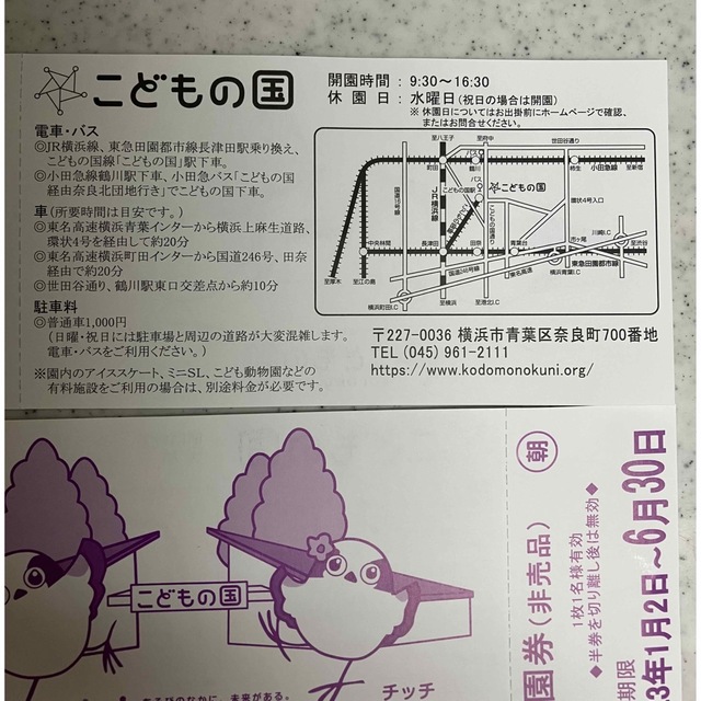 横浜 こどもの国 入園券 2枚  チケットの施設利用券(遊園地/テーマパーク)の商品写真