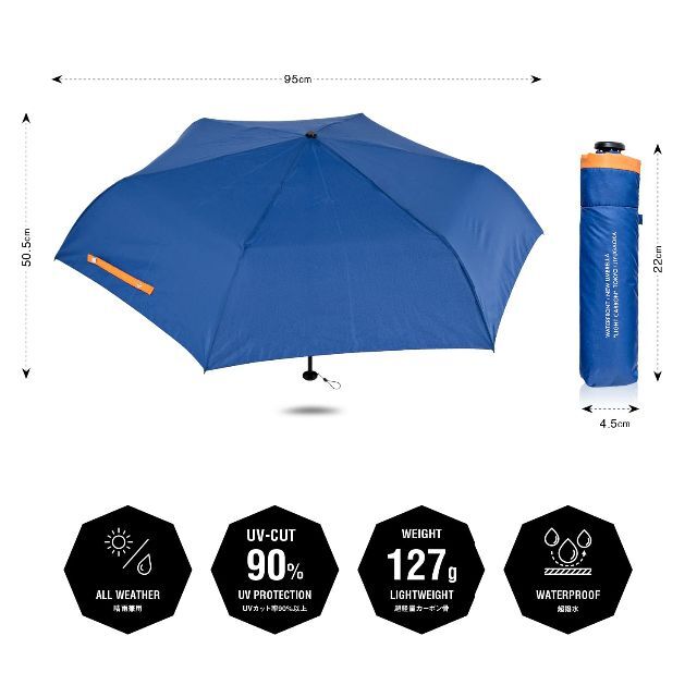 【色: Navy/Orange】Waterfront 折りたたみ傘 日傘兼用雨傘 3