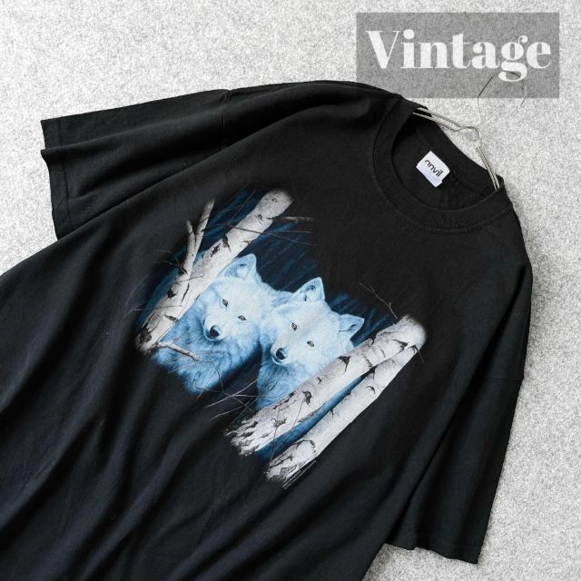 【vintage】白狼 オオカミ BIG プリント ルーズ 黒 Tシャツ XL