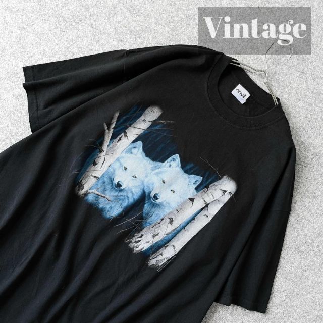 ART VINTAGE(アートヴィンテージ)の【vintage】白狼 オオカミ BIG プリント ルーズ 黒 Tシャツ XL メンズのトップス(Tシャツ/カットソー(半袖/袖なし))の商品写真