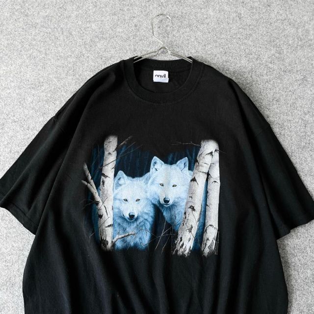 ART VINTAGE(アートヴィンテージ)の【vintage】白狼 オオカミ BIG プリント ルーズ 黒 Tシャツ XL メンズのトップス(Tシャツ/カットソー(半袖/袖なし))の商品写真