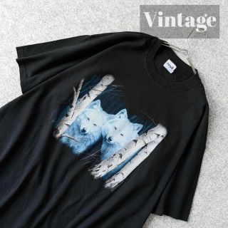 アートヴィンテージ(ART VINTAGE)の【vintage】白狼 オオカミ BIG プリント ルーズ 黒 Tシャツ XL(Tシャツ/カットソー(半袖/袖なし))