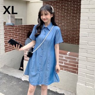 とろみシャツ ミニワンピース 夏服 韓国 オルチャン レディース ブルー XL(ひざ丈ワンピース)