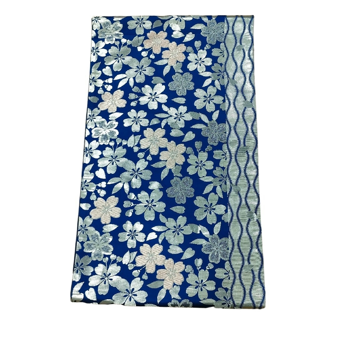 袋帯　振袖の帯　桜　引箔　正絹　青　ブルー　横涌　立涌　銀　シルバー