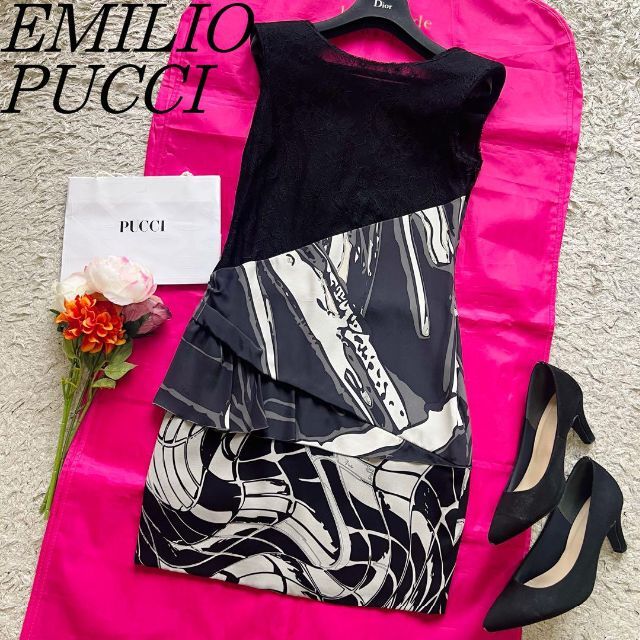 美品】EMILIO PUCCI レースドッキングワンピース ブラック プッチ柄