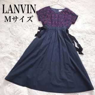 ランバンオンブルー(LANVIN en Bleu)の美品 LANVIN ランバン 切り替え 刺繍 レース フレア ワンピース 総柄(ロングワンピース/マキシワンピース)