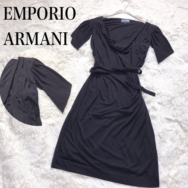 Emporio Armani(エンポリオアルマーニ)の美品 EMPORIO ARMANI プリーツ 切り替え ドレープワンピース 黒 レディースのワンピース(ひざ丈ワンピース)の商品写真