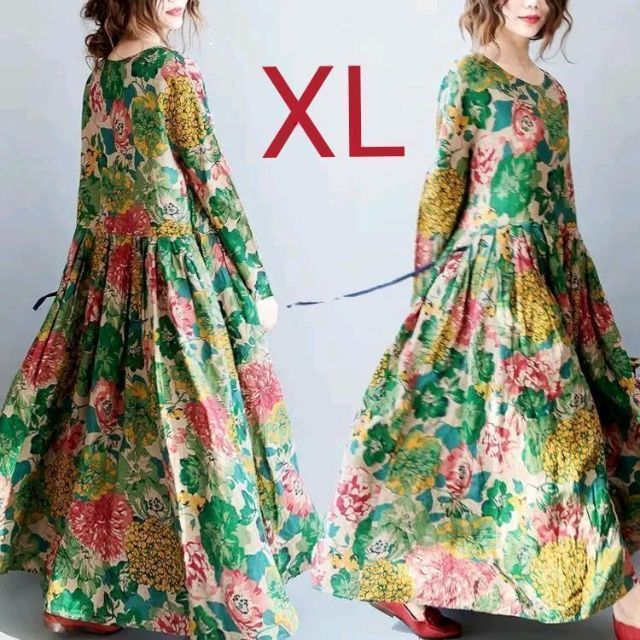 かわいい♡大きめサイズ　XLサイズ　緑華やかワンピース　ロングワンピース　花柄