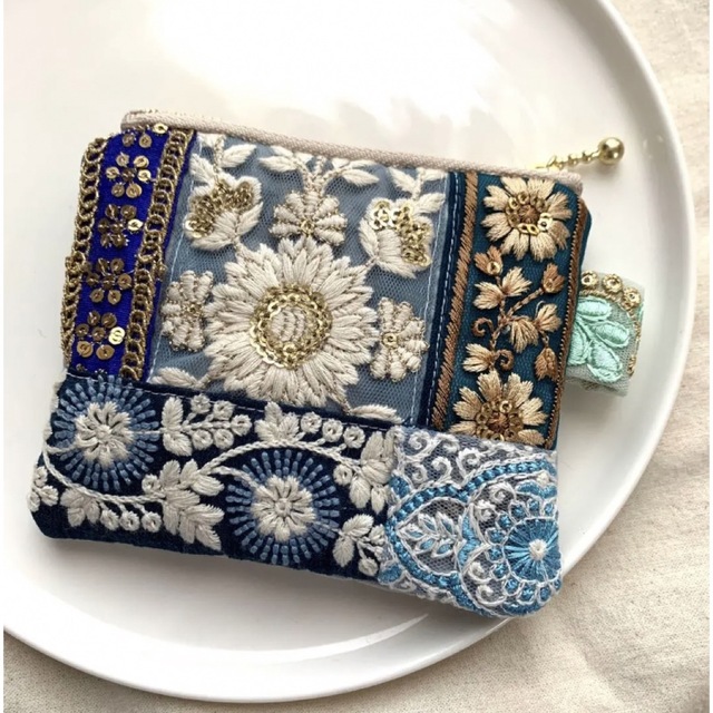 no.6】タグ付き インド刺繍リボン ポーチ ミニポーチ コインケース