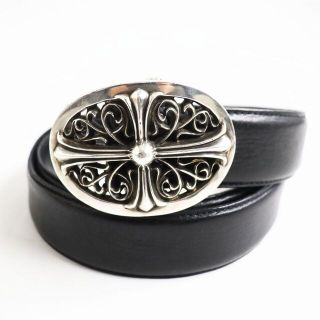 クロムハーツ(Chrome Hearts)の良品●CHROME HEARTS クロムハーツ レザー クラシックオーバルクロス  スターリングシルバー ベルト ブラック×シルバー 36 メンズ q11-st30303-668(ベルト)