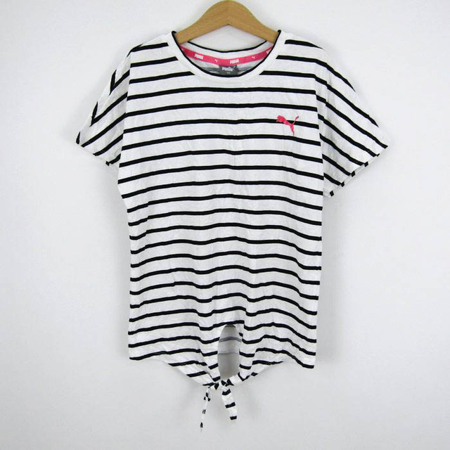 セール特価 プーマ 半袖ボーダーTシャツ 胸元ロゴ リボン絞り コットン トップス スポーツウエア キッズ 女の子用 150サイズ ホワイト PUMA 専用になりました❣️pumaプーマ TシャツM グレーピンクセット