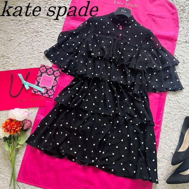 【美品】kate spade ハート柄ティアードワンピース ブラック 0 S | フリマアプリ ラクマ