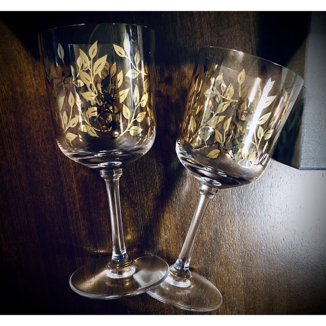 R Lalique  ラリック 金彩リーブ　ワイン グラス　ペア美術品/アンティーク