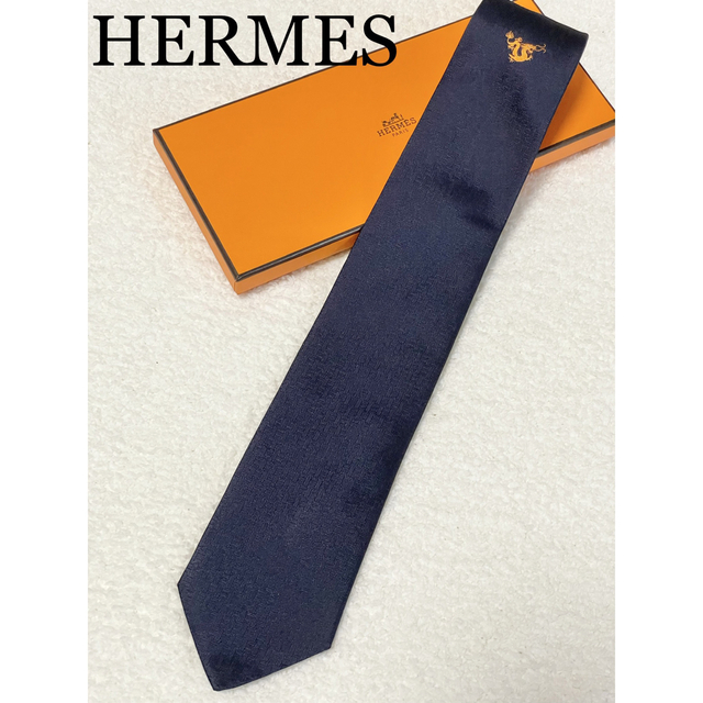 【極美品】HERMES シルク ネクタイ ネイビー H柄 刺繍 ワンポイント