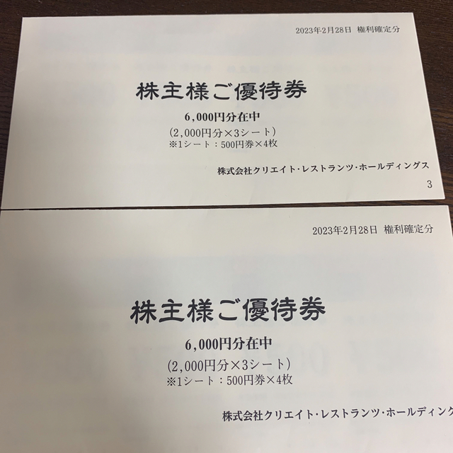 クリエイトレストランツ　株主優待　12000円分エンタメ/ホビー