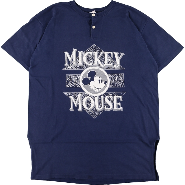 90年代 THE DISNEY STORE MICKEY MOUSE ミッキーマウス 両面プリント ヘンリーネック キャラクタープリントTシャツ USA製 メンズXXL ヴィンテージ /eaa338346