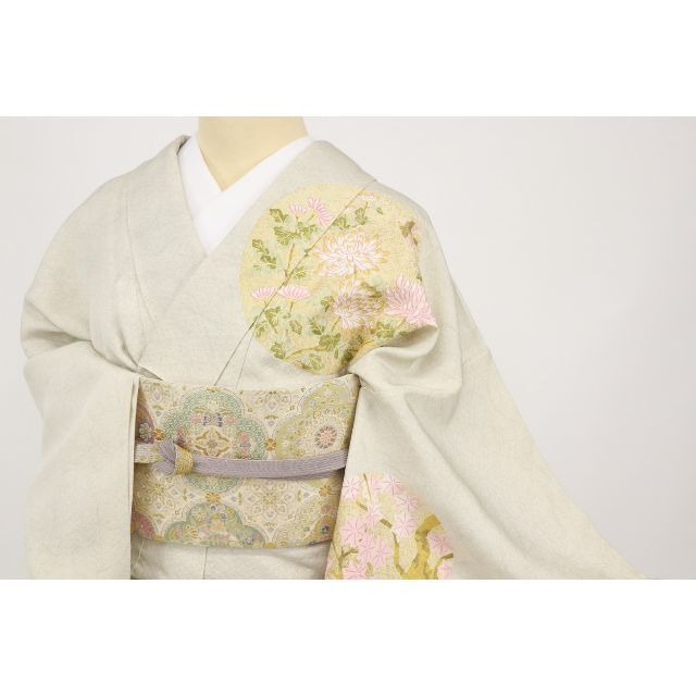 《長尺◆単衣■訪問着■光琳水に四季花の丸■砂色◇背紋有◆正絹着物◆HH5-7》