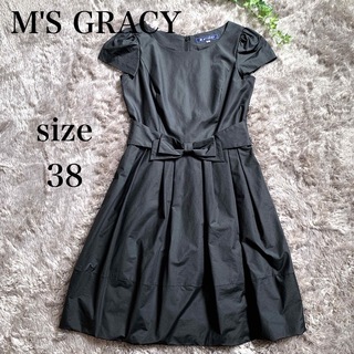 【美品】M'S GRACY フォーマルワンピース ブラック 40 半袖 リボン