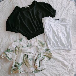 ザラ(ZARA)の【夏物トップス３点】ZARA◆H&ＭレディースSサイズ◆黒白ボタニカル柄リネン(カットソー(半袖/袖なし))