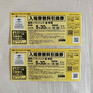 【手渡しのみ】5月30日(火) ソフトバンク 対 中日 無料入場チケット 2枚(野球)