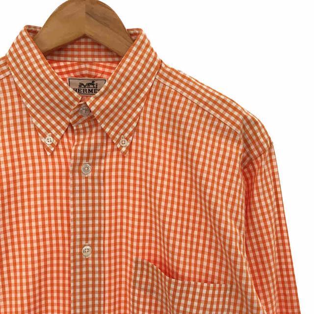 HERMES / エルメス | フランス製 コットン ギンガムチェック セリエボタン ボタンダウン シャツ | 39-15 1/2 | オレンジ | メンズ