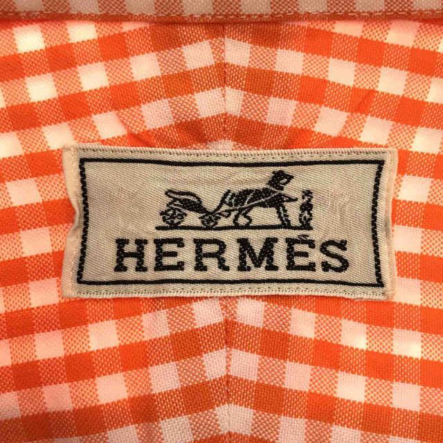 HERMES　エルメス　オレンジ　チェック　ボタンダウン表地コットン