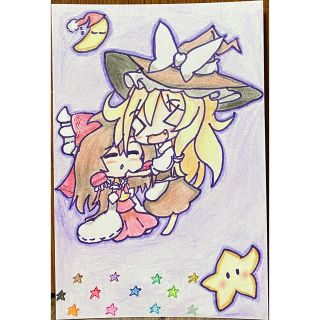 「東方project」霊夢ちゃん&魔理沙ちゃん（ちびキャラ）手描きイラスト(アート/写真)