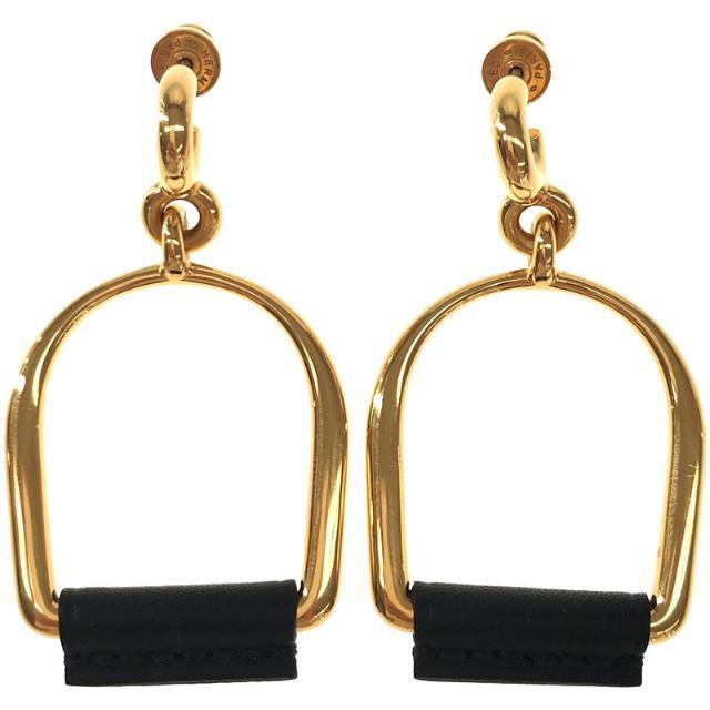 【美品】  HERMES / エルメス | Heritage Equestre Etrier earrings フランス製  2ペア レザー切替 エリタージュ エスケトル エトリエ イヤリング ピアス 箱・保存袋有 | ‐ | ゴールド | レディース