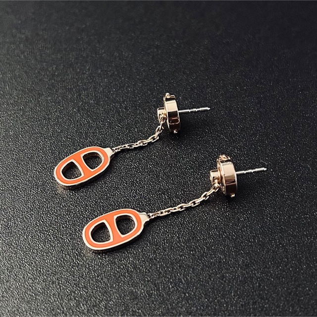 美品】エルメス ピアス シェーヌダンクル オレンジ チェーン スイング-