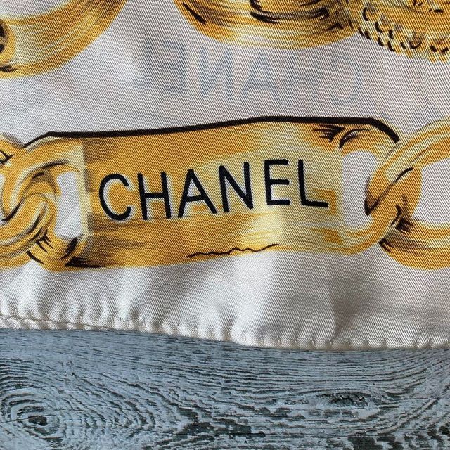 CHANELシャネルチェーン柄大判スカーフシルク製ヴィンテージホワイト古着.-