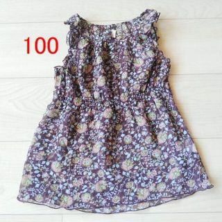 グローバルワーク(GLOBAL WORK)の100　美品　グローバルワーク　トップス　茶色　花柄　ワンピース　チュニック(Tシャツ/カットソー)