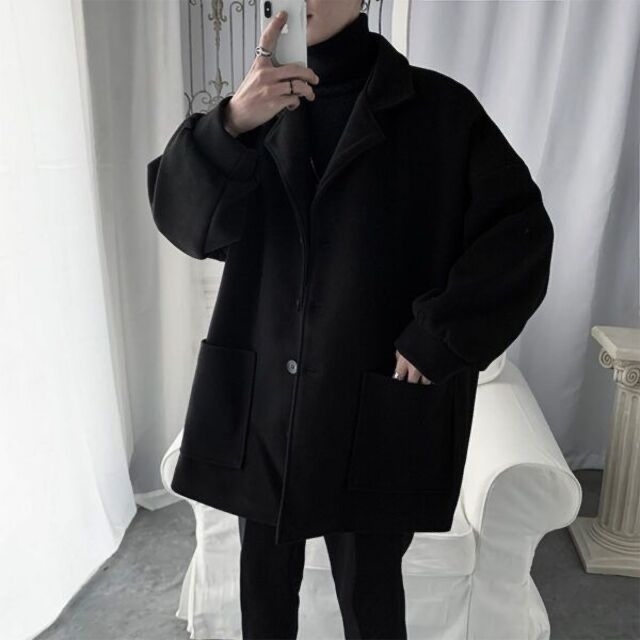 ビッグシルエット チェスターコート ロングコート ブラック L メンズのジャケット/アウター(チェスターコート)の商品写真
