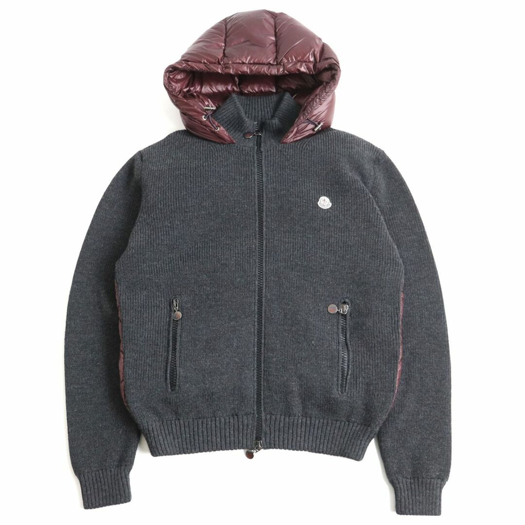 美品◆MONCLER モンクレール MAGLIONE ニット切り替え ロゴワッペン付き WZIP ダウンジャケット XL チャコールグレー×ボルドー 正規品