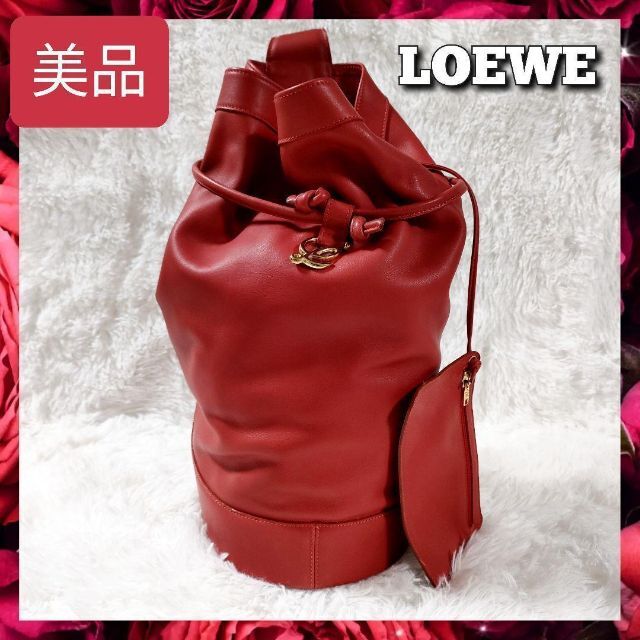 極美品 LOEWE ロエベ ワンショルダーバッグ 巾着 レザー レッド ゴールド