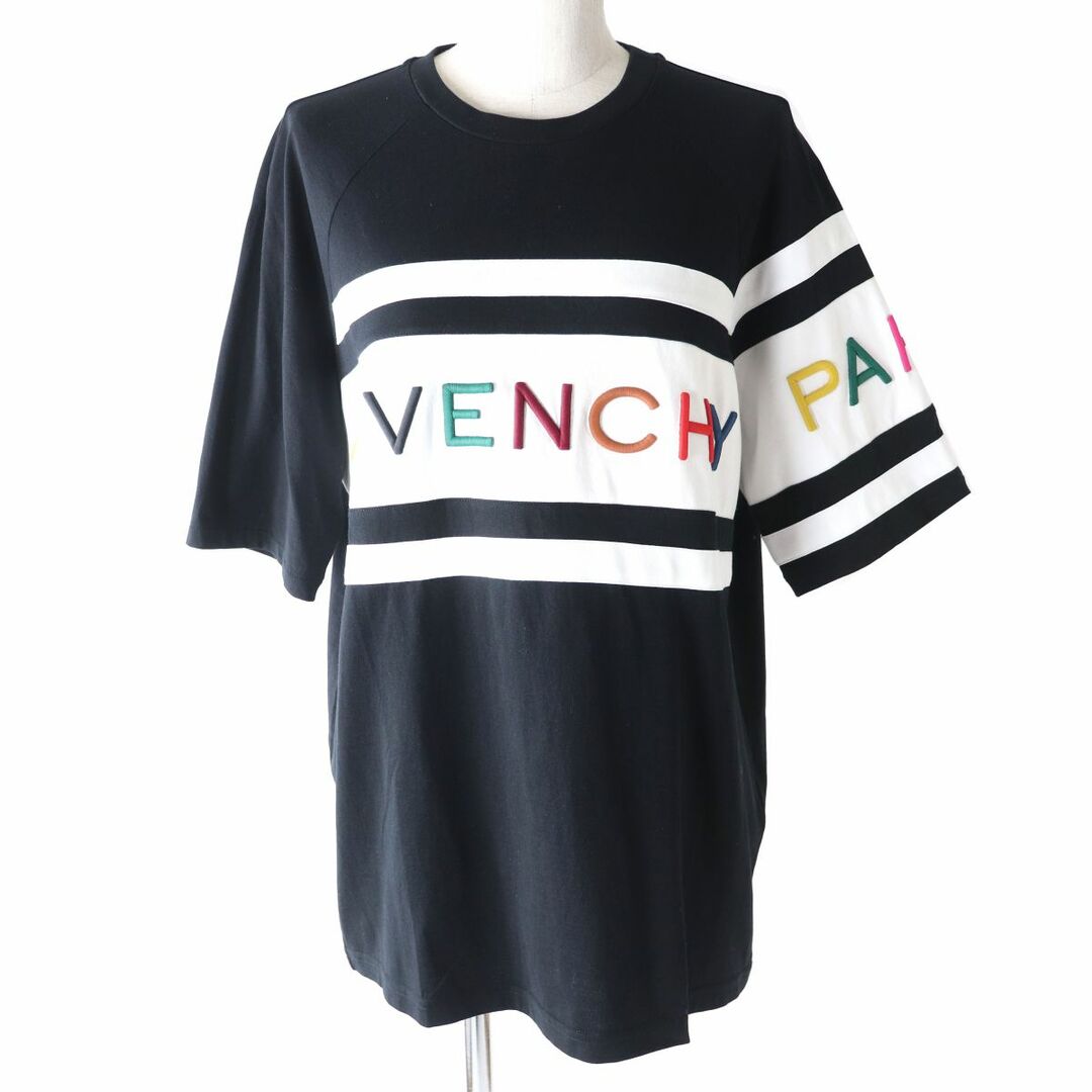 美品△正規品 GIVENCHY ジバンシィ 20SS BW706V3Z1X レインボー ロゴ刺繍 オーバーサイズ 半袖 Tシャツ 黒×マルチカラー XS ユニセックス