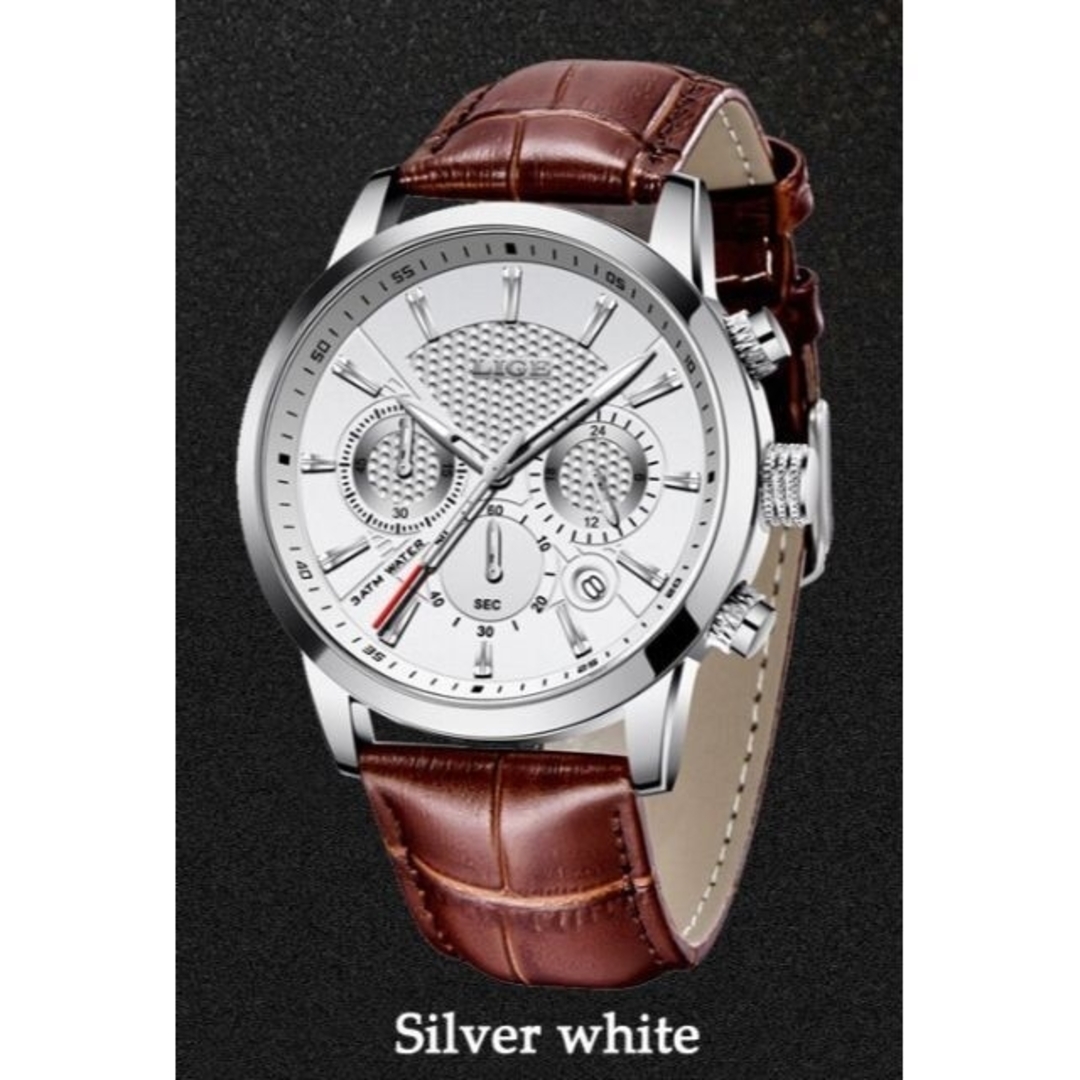 ◆新品◆　メンズ腕時計　クロノグラフ　防水　カレンダー　シルバーホワイト