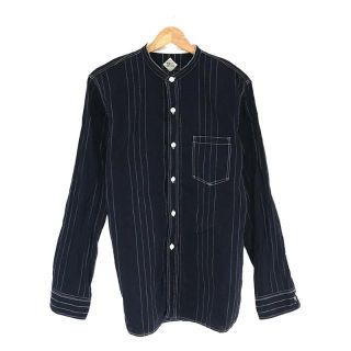 コロナ(コロナ)のCORONA / コロナ | NAVY 1 POCKET BAND COLLAR SHIRT DOBBY STRIPE 1ポケット バンドカラー シャツ ドビーストライプ | L | インディゴ | メンズ(Tシャツ/カットソー(七分/長袖))