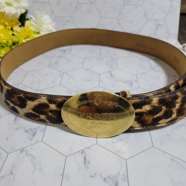 肌触りがいい PRADA ゴールド×ヒョウ柄 お洒落 ベルト レオパード