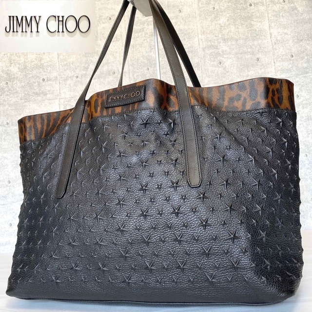 極美品】JIMMY CHOO PIMLICO レオパード×ブラックトートバッグ-