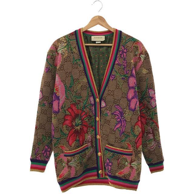 Gucci(グッチ)の【新品】  GUCCI / グッチ | 2020AW | GG フローラ メタルボタン 裏地 シルク ジャガード Vネック ニット カーディガン | XS | ベージュ | レディース レディースのトップス(カーディガン)の商品写真