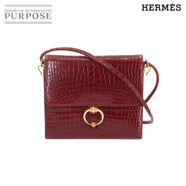 エルメス HERMES セクアナ ショルダー バッグ クロコダイル ポロサス ルージュ系 〇L刻印 ゴールド 金具 ヴィンテージ VLP 90175966