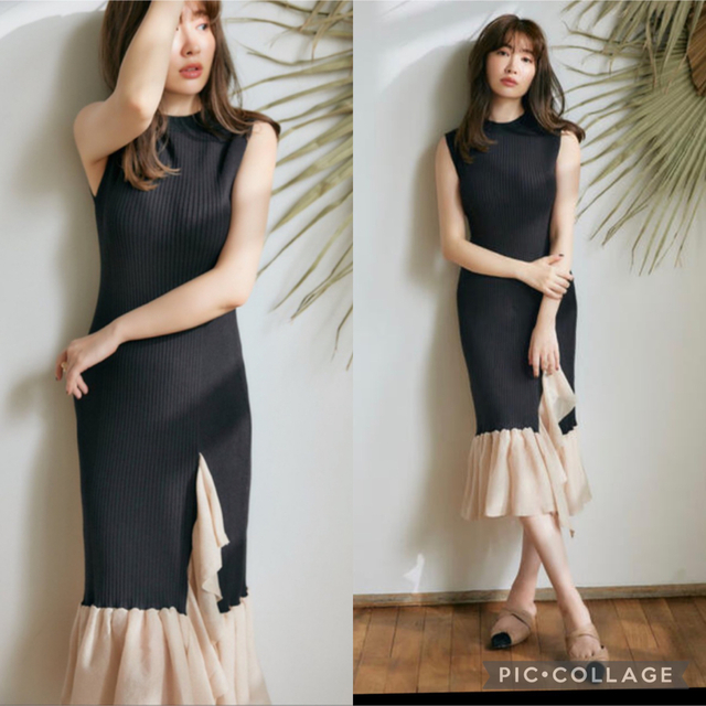 Her lip to S◆Ruffled Two-tone Knit Dress