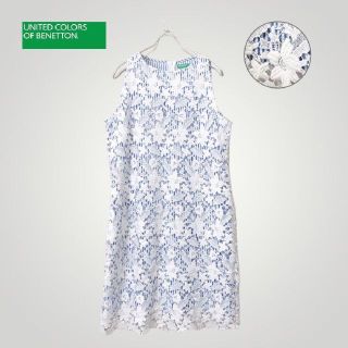 ユナイテッドカラーズオブベネトン(UNITED COLORS OF BENETTON.)の[超美品] 希少 ベネトン ワンピース 花柄 レース ストライプ ドレス M(ひざ丈ワンピース)