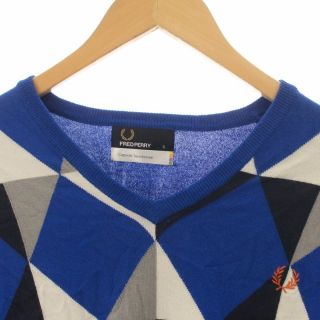 FRED PERRY Vネック セーター アーガイル柄 黒×紫 刺繍ロゴ S