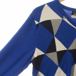 FRED PERRY Vネック セーター アーガイル柄 黒×紫 刺繍ロゴ S